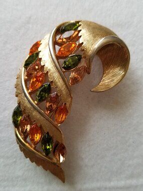 Vintage J Jonette Orange and Green Rhinestone Brooch